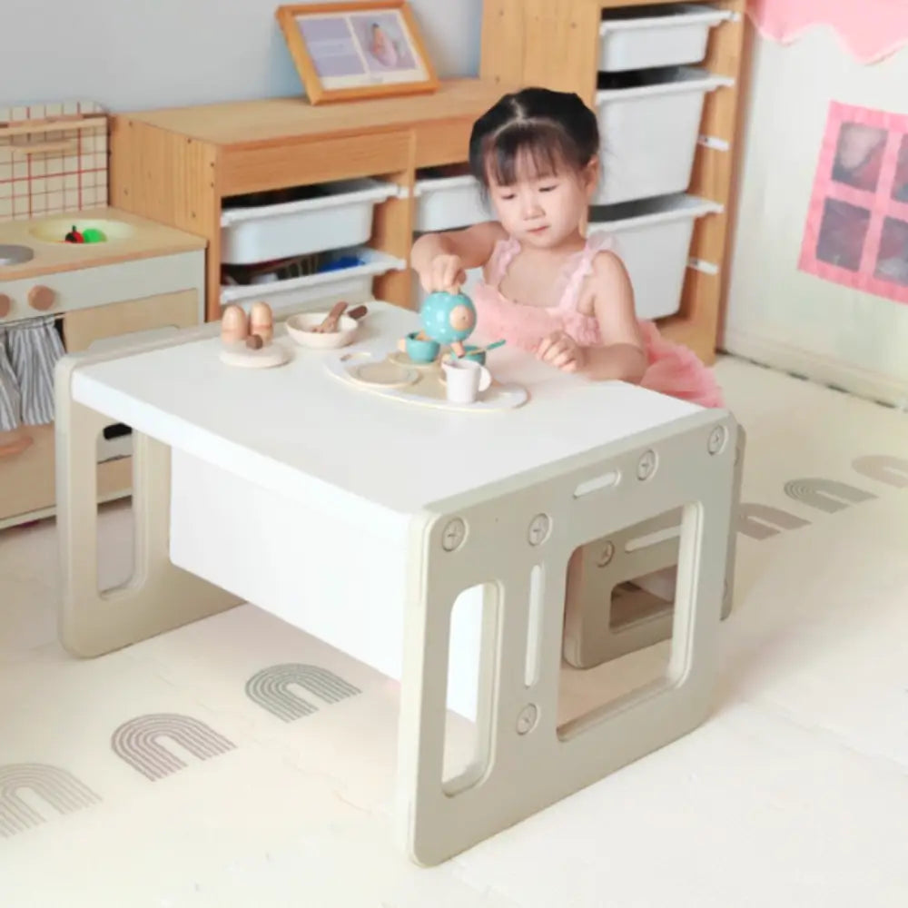 キッズデスクチェア　子ども用学習机　多機能デスクセット　収納付きキッズチェア　プレイテーブル　耐荷重ベンチ　折りたたみデスク　お片付けしやすい家具　プラスチック子供家具　成長対応デスク