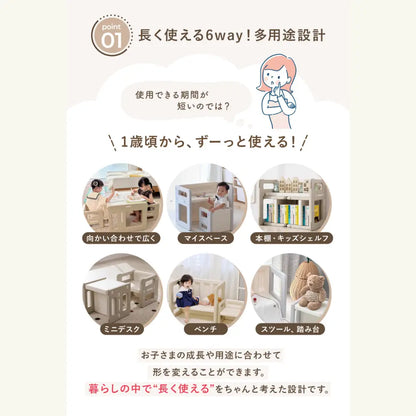 キッズデスクチェア　子ども用学習机　多機能デスクセット　収納付きキッズチェア　プレイテーブル　耐荷重ベンチ　折りたたみデスク　お片付けしやすい家具　プラスチック子供家具　成長対応デスク