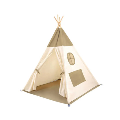 北欧カラー テント型キッズスペース くすみカラー グレー モカ ベージュ アイボリー 小窓付き 通気性 安心設計 秘密基地 クッション付き 洗えるクッション 弾力クッション ポリエステル綿混紡 耐久性 軽量素材 シワになりにくい ホルムアルデヒド検査済み 天然パイン材 フレーム 安定構造 滑り止めキャップ付き キッズテント 室内遊び場 インテリアに馴染む