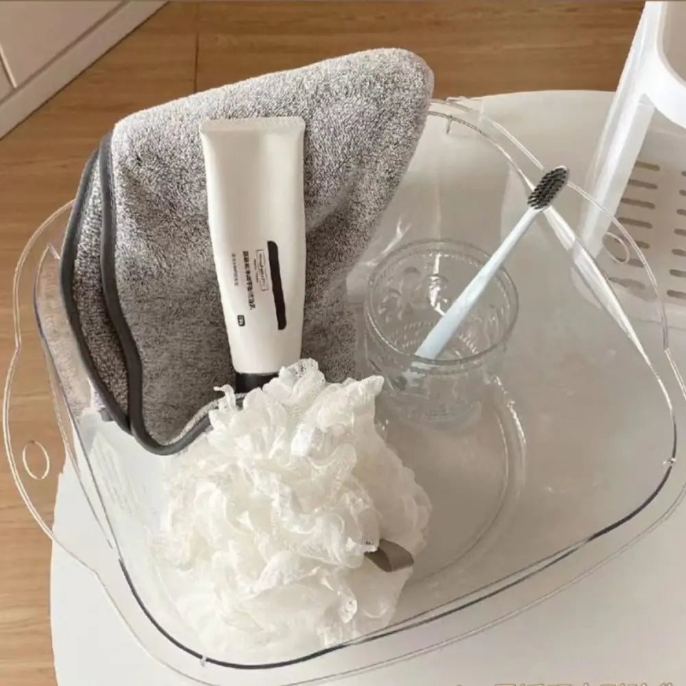 アクリルボウル　高級感バスボウル　透明湯桶　おしゃれ洗面ボウル　持ち手付きボウル　吊るせる水切りボウル　耐熱アクリル洗面器　割れにくい浴室ボウル　キッチン多用途ボウル　衛生的バスグッズ