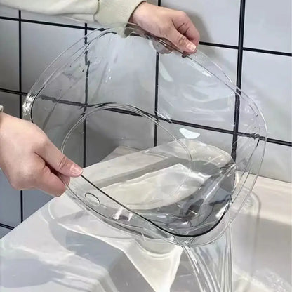 アクリルボウル　高級感バスボウル　透明湯桶　おしゃれ洗面ボウル　持ち手付きボウル　吊るせる水切りボウル　耐熱アクリル洗面器　割れにくい浴室ボウル　キッチン多用途ボウル　衛生的バスグッズ