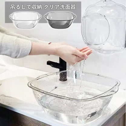 アクリルボウル　高級感バスボウル　透明湯桶　おしゃれ洗面ボウル　持ち手付きボウル　吊るせる水切りボウル　耐熱アクリル洗面器　割れにくい浴室ボウル　キッチン多用途ボウル　衛生的バスグッズ