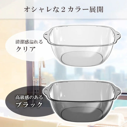 アクリルボウル　高級感バスボウル　透明湯桶　おしゃれ洗面ボウル　持ち手付きボウル　吊るせる水切りボウル　耐熱アクリル洗面器　割れにくい浴室ボウル　キッチン多用途ボウル　衛生的バスグッズ