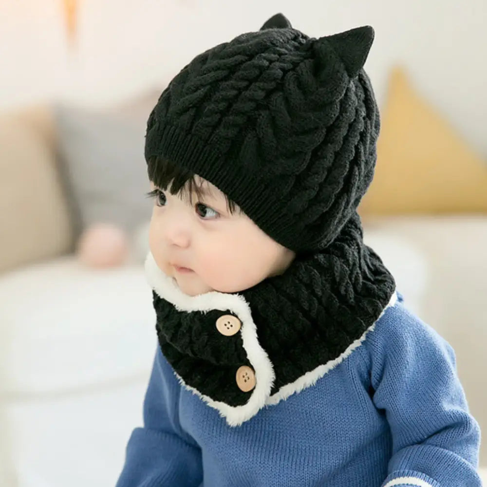 ベビー冬用ニット帽 ネックウォーマーセット 防寒 あったか モコモコ ボア裏地 耳付きデザイン キッズ帽子 子ども 冬小物 5色展開 プレゼント おしゃれ 暖かい