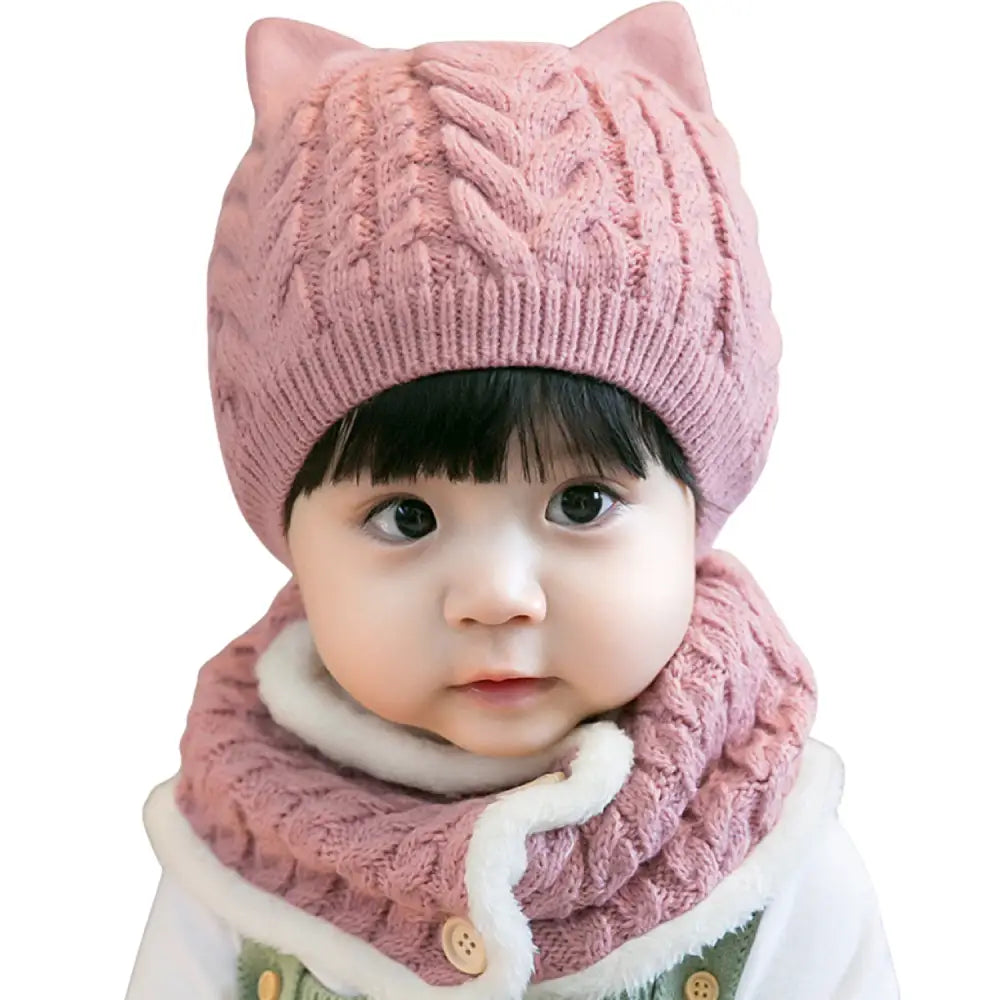 ベビー冬用ニット帽 ネックウォーマーセット 防寒 あったか モコモコ ボア裏地 耳付きデザイン キッズ帽子 子ども 冬小物 5色展開 プレゼント おしゃれ 暖かい