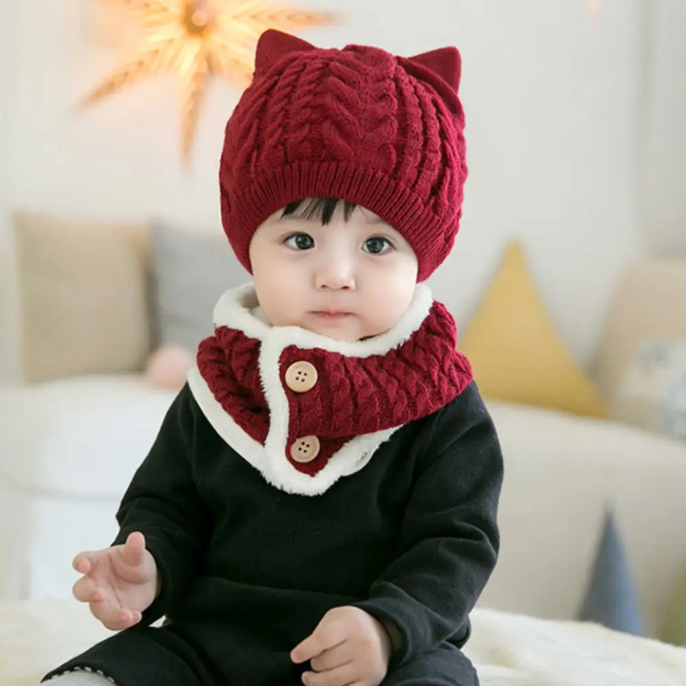 ベビー冬用ニット帽 ネックウォーマーセット 防寒 あったか モコモコ ボア裏地 耳付きデザイン キッズ帽子 子ども 冬小物 5色展開 プレゼント おしゃれ 暖かい