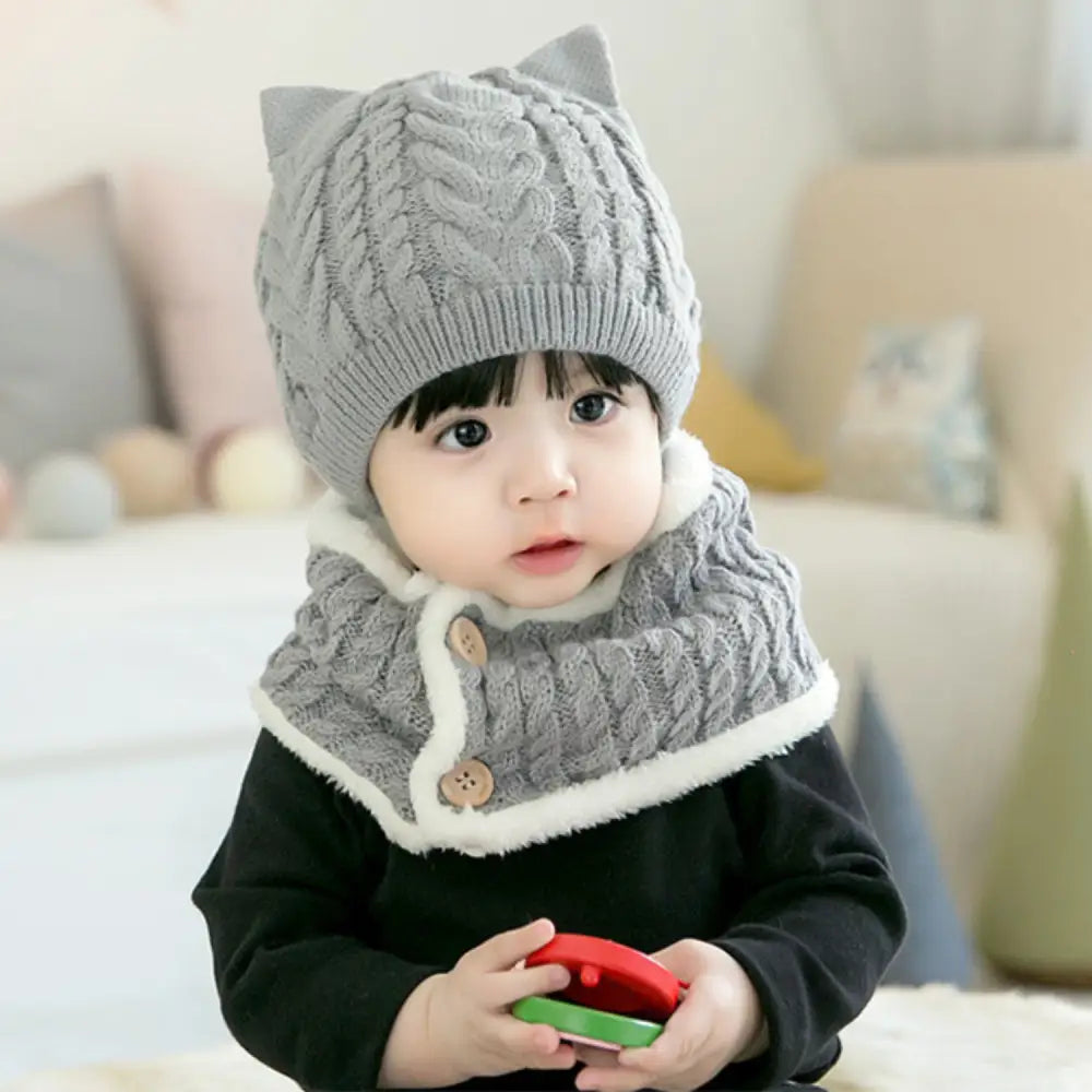 ベビー冬用ニット帽 ネックウォーマーセット 防寒 あったか モコモコ ボア裏地 耳付きデザイン キッズ帽子 子ども 冬小物 5色展開 プレゼント おしゃれ 暖かい