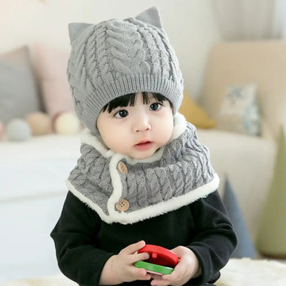 ベビー冬用ニット帽 ネックウォーマーセット 防寒 あったか モコモコ ボア裏地 耳付きデザイン キッズ帽子 子ども 冬小物 5色展開 プレゼント おしゃれ 暖かい