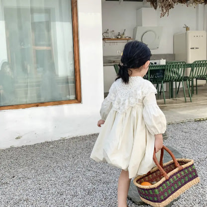 ベビードレス レース襟 子供服 フォーマル 女の子 ワンピース コットン100% バルーン袖 ギャザー フリル かわいい 結婚式 セレモニー キッズ 洗濯機OK 着替え簡単 おしゃれ