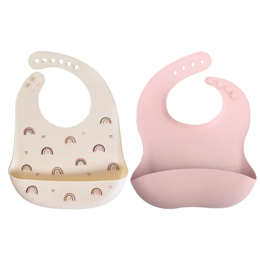 シリコンビブ 2枚セット - レインボー+ピンク / ワンサシリコンビブ お食事エプロン ベビー用 食べこぼし防止 立体ポケット付き 軽量 柔らか素材 丸めて収納 お手入れ簡単 防水 汚れにくい 持ち運び便利 離乳食グッズ 赤ちゃん用品イズ - シリコンビブ