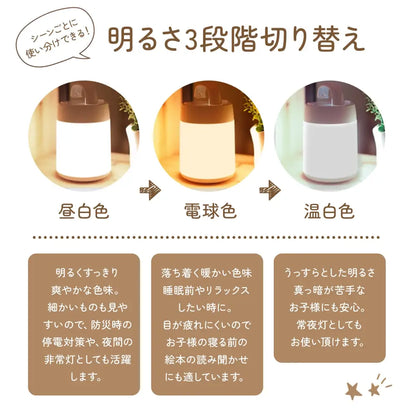 ベビーライト 授乳ライト ナイトライト 常夜灯 低温設計 安全設計 リモコン付き タイマー設定 タッチ操作 明るさ調整 3段階切替 電球色 昼白色 温白色 赤ちゃん 夜間授乳 おむつ替え 防災ライト 軽量設計 180g 持ち運びライト 手提げライト 吊り下げOK ハンドル付き 卓上ライト 子供用ライト ベビールーム 寝室ライト USB充電 1800mAh フル充電2時間 連続使用4時間 充電残量表示 PP素材 PC素材 ワイヤレス使用可能