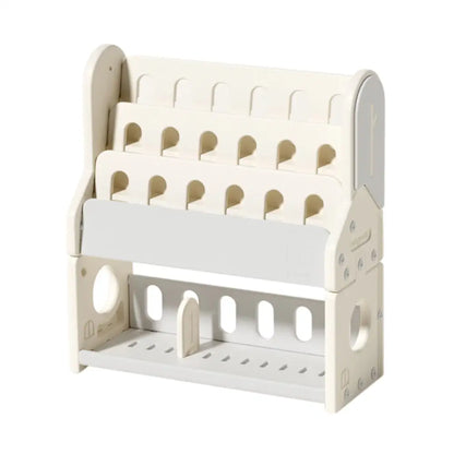 絵本ラック　表紙が見える本棚　子ども用ブックシェルフ　おもちゃ収納付き本棚　自発的読書サポートラック　厚み対応絵本収納　本とおもちゃ収納ラック　軽量プラスチック本棚　子ども部屋インテリアラック　見せる収納ブックラック