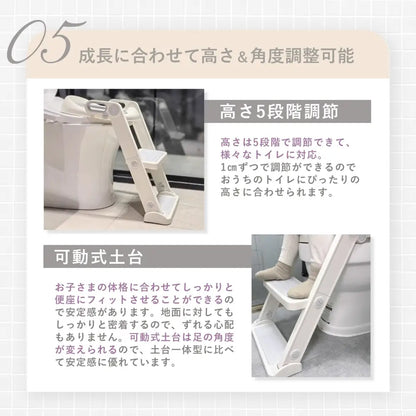 トイレトレーニング補助便座　ステップ付き補助便座　高さ調整可能トイトレ補助便座　折りたたみ式子ども便座　安定感抜群トイレステップ　滑り止め付き補助トイレ　角度調整可能トイレステップ　自立練習用便座　省スペース設計補助便座　子ども用トイレトレーニングチェア
