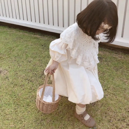 ベビードレス レース襟 子供服 フォーマル 女の子 ワンピース コットン100% バルーン袖 ギャザー フリル かわいい 結婚式 セレモニー キッズ 洗濯機OK 着替え簡単 おしゃれ