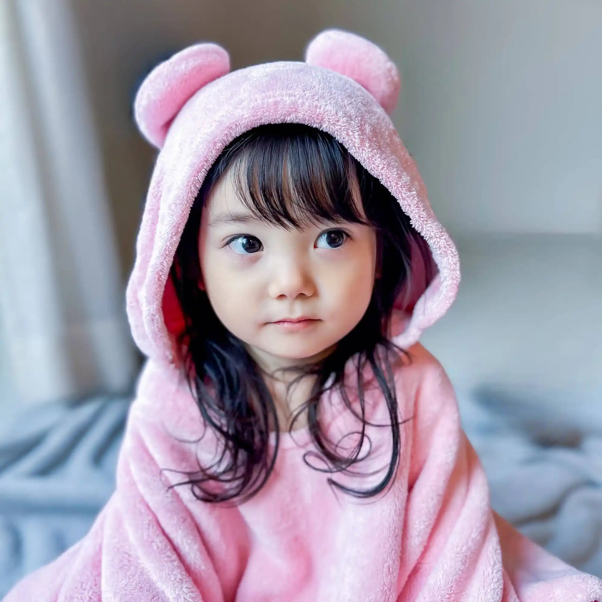 クマの耳がついた子供用の柔らかいピンクのフード付きタオル。