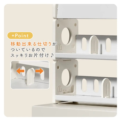 絵本ラック　表紙が見える本棚　子ども用ブックシェルフ　おもちゃ収納付き本棚　自発的読書サポートラック　厚み対応絵本収納　本とおもちゃ収納ラック　軽量プラスチック本棚　子ども部屋インテリアラック　見せる収納ブックラック