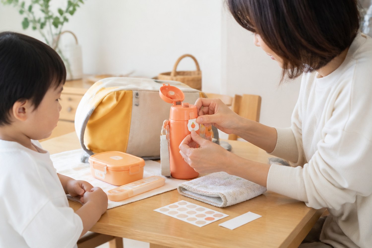入園準備の持ち物にお名前シールを貼る親子の暮らしの一場面