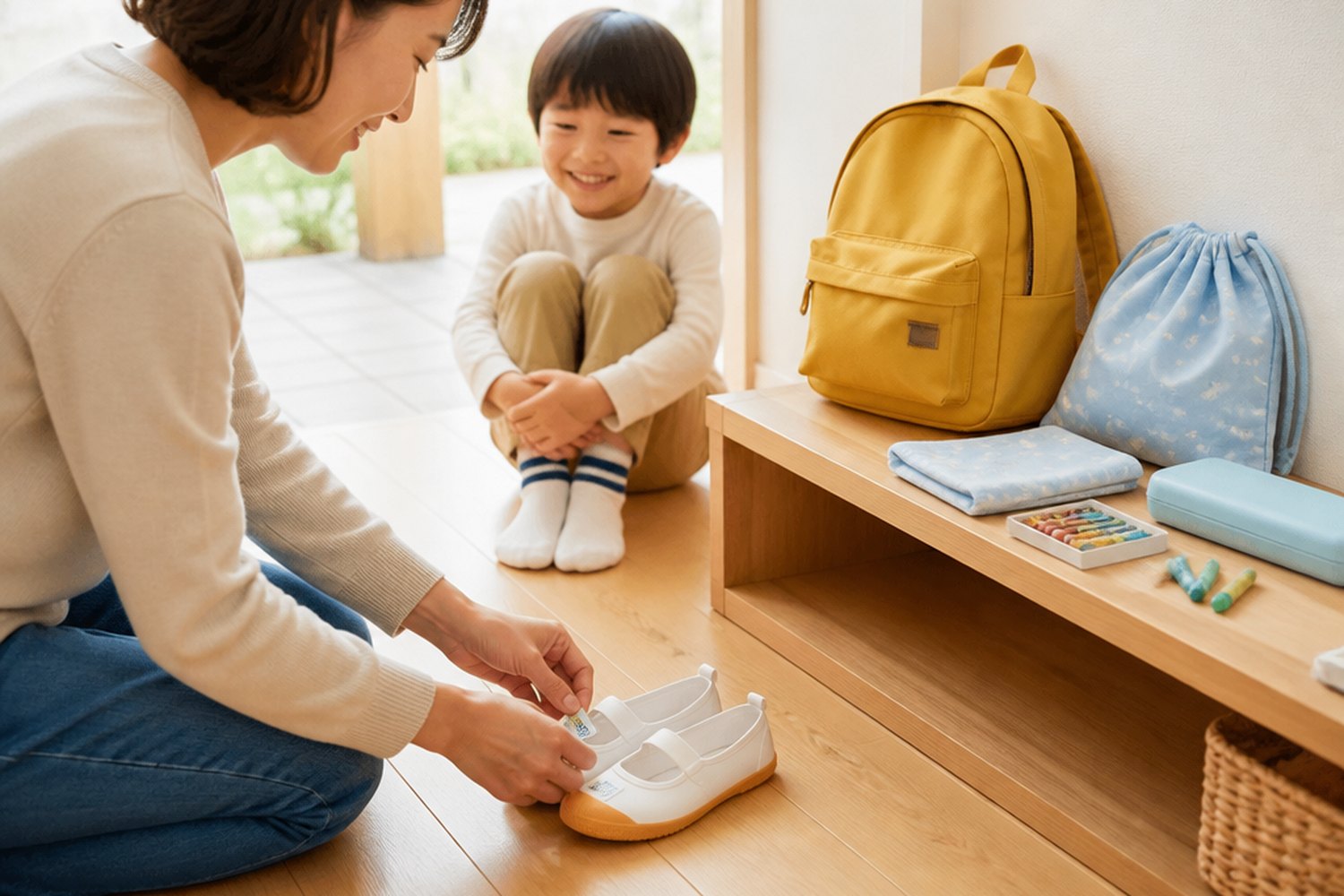 入園入学の持ち物と上履きへ名前つけをする自然な生活シーン