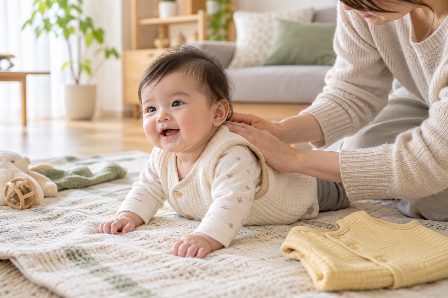 ベビーベストを着た赤ちゃんの背中を確認する暮らしの一場面