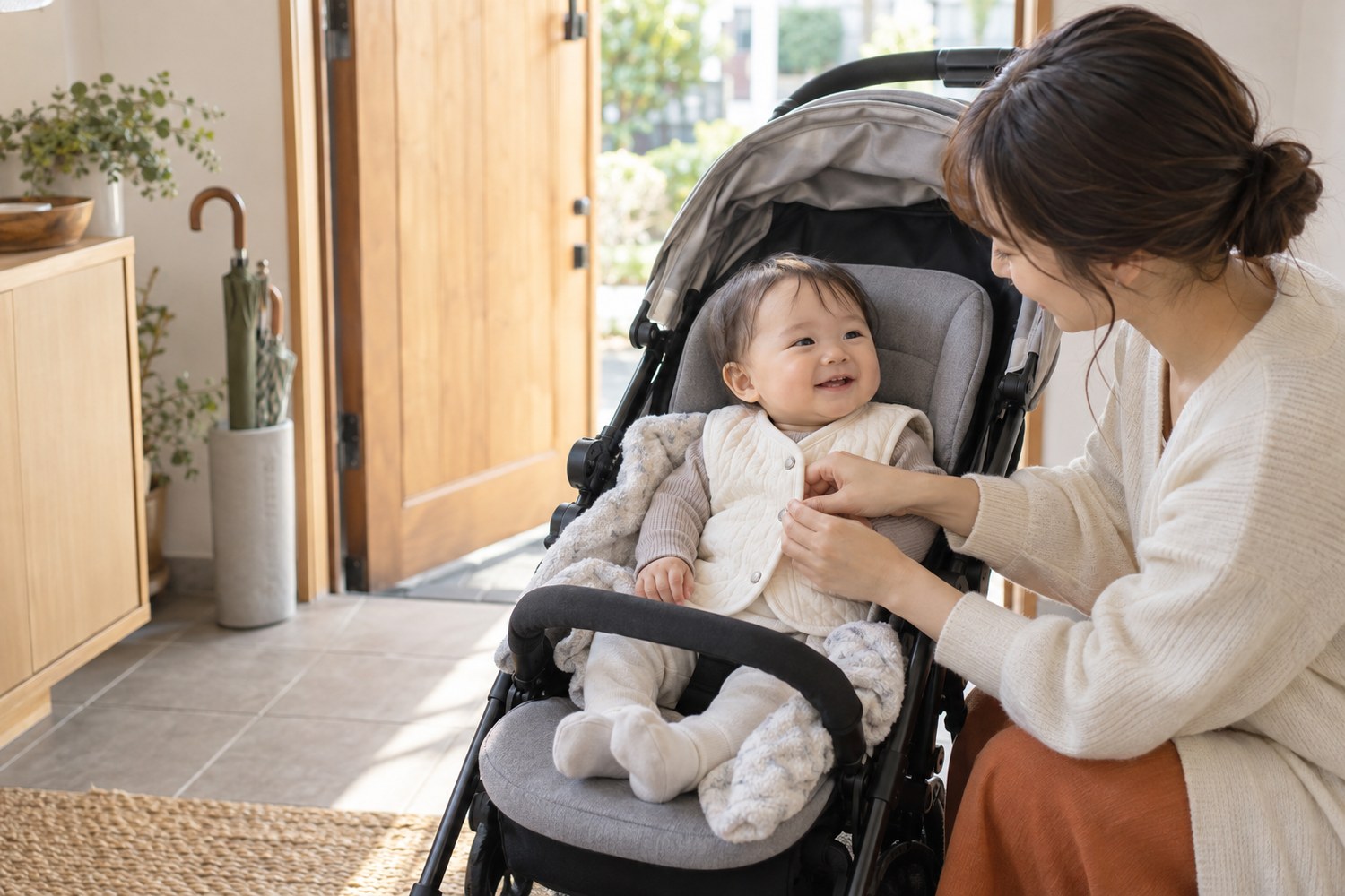 外出前にベビーベストを整える親子の自然な生活シーン